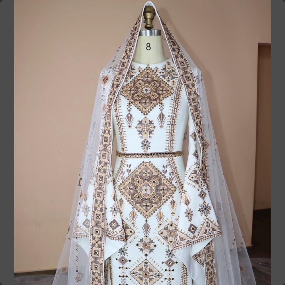 Embroidered Bridal White+Brown Dress/Thobe with Sheer matching embroidered Shawl